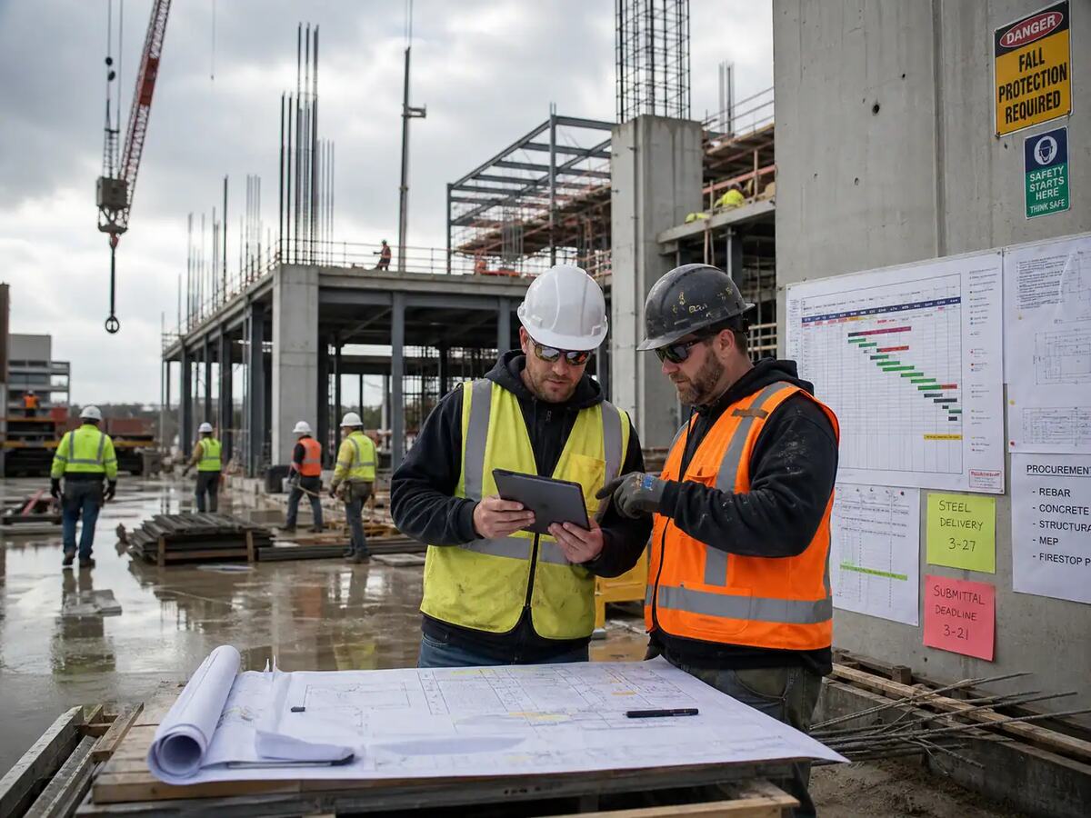 Construction crew reviewing site plans and the project schedule board on an active job site