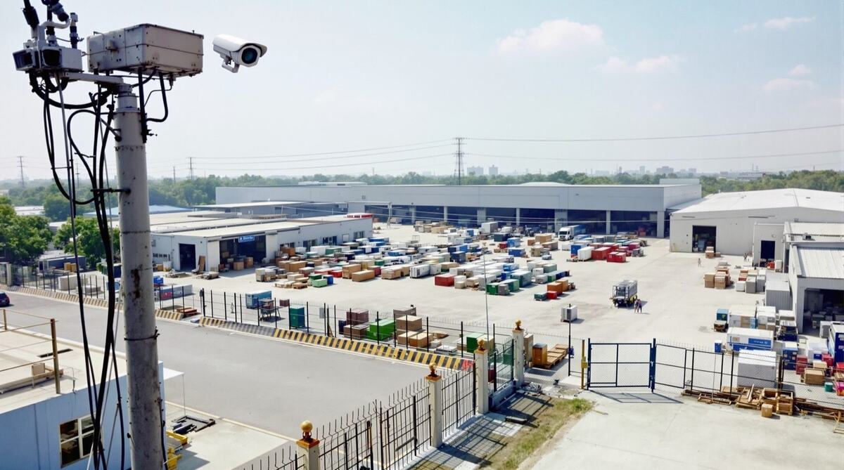 Security camera monitoring the fenced yard and loading areas of a manufacturing facility