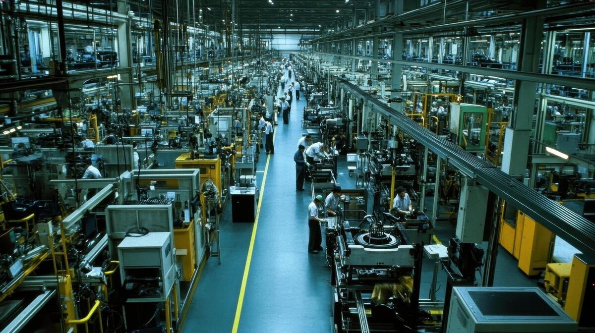 Wide view of a manufacturing plant production floor with workers at machinery along the line