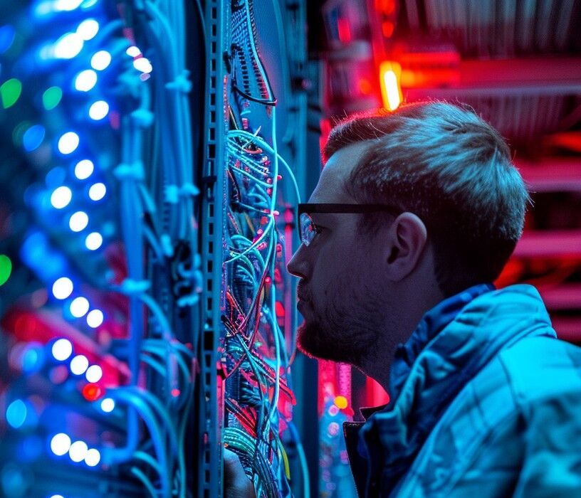 Technician working inside a server rack, the kind of access point we test during technology company security assessments